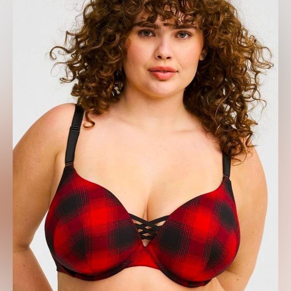 Torrid XO Plunge Push-Up Bra Red and Black Plaid Women’s Size 50C New
